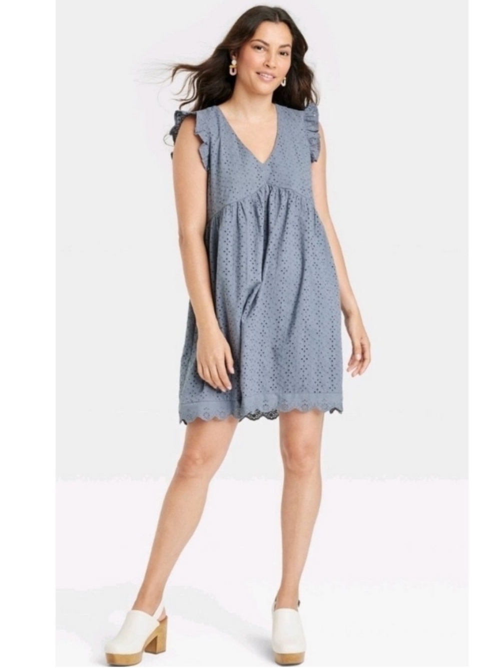 Knox Rose Steel Shore Blue Eyelet Flutter Sleeve Cotton Mini Dress M Boho